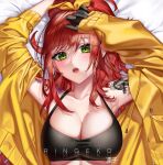  1girl black_gloves black_sports_bra breasts cleavage commentary elly_(1st_costume)_(vtuber) elly_(vtuber) gloves green_eyes highres indie_virtual_youtuber jacket large_breasts long_hair looking_at_viewer open_mouth ponytail red_hair ringeko-chan sports_bra tattoo untranslatable_commentary virtual_youtuber yellow_jacket 