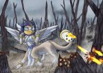 3_toes accessory armlet avian avian_taur ayiki beak blue_eyes blue_hair bottomwear bow_ribbon bullet bullet_hole clothing dead_tree ears_as_hair feet female fist furgonomics gatling_gun gold_band grey_sky gryphon gryphon_taur gun hair hi_res jewelry legband loincloth machine_gun minigun mostly_nude_anthro multicolored_body mythological_avian mythological_creature mythology plant ranged_weapon ring shooting_gun signature sky solo tail tail_accessory tail_gun tail_jewelry tail_ring tan_body taur toes tree two_tone_body weapon weapon_tail white_body wings zboys
