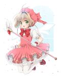  1girl absurdres antenna_hair brown_hair cardcaptor_sakura commentary_request dress frilled_dress frills full_body fuuin_no_tsue gloves green_eyes hat highres kinomoto_sakura kinomoto_sakura_(magician) magical_girl open_mouth puya red_dress red_hat short_hair smile solo thighhighs wand white_gloves white_thighhighs wings 