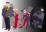  1boy 1girl absurdres bat_mask batman batman_(series) batman_symbol black_cape bodysuit cape captainmolasses commentary dc_comics english_commentary grey_bodysuit harley_quinn harley_quinn_(classic) highres multicolored_bodysuit superhero_costume tall_male two-tone_bodysuit 