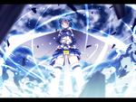  blue_eyes blue_hair cape debris elbow_gloves gloves glowing magical_girl mahou_shoujo_madoka_magica miki_sayaka planted_sword planted_weapon skirt solo sword thighhighs weapon xxxx 
