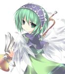  1girl capelet dress green_eyes green_hair hairband instrument luminous_arc luminous_arc_2 sadie short_hair wings 