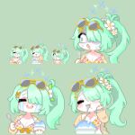  1girl aqua_hair bikini blue_archive blush breasts cleavage commentary_request eyewear_on_head floral_print flower food hair_flower hair_ornament hair_over_one_eye halo hiyori_(blue_archive) hiyori_(swimsuit)_(blue_archive) keykey117117 large_breasts long_hair official_alternate_costume open_mouth orange_bikini pixel_art print_bikini shaved_ice side_ponytail sunglasses swimsuit 