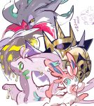 absurdres aegislash animal_focus antennae beak black_sclera blue_sclera colored_sclera colored_skin commentary_request dragon espurr goodra highres holding holding_shield malamar mochako_(motyako_1005) one-eyed pink_fur pokemon pokemon_(creature) pokemon_focus purple_skin shield slime_(substance) slug squid sword sylveon two-tone_fur weapon white_background white_fur 