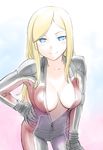  biker_clothes bikesuit blonde_hair blue_eyes breasts cleavage cynthia_b_rogers full-length_zipper hand_on_hip large_breasts leaning_forward long_hair looking_at_viewer no_bra one_off racing_suit sketch smile solo ueyama_michirou unzipped zipper 