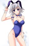  animal_ears bare_legs bare_shoulders blue_eyes blue_leotard braid breasts bunny_ears bunny_girl bunnysuit cleavage detached_collar fake_animal_ears izayoi_sakuya large_breasts leotard maru_bii short_hair silver_hair smile solo touhou twin_braids wrist_cuffs 