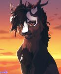  2_horns absurd_res accessory black_body black_fur black_hair blep branch branch_horn brown_body brown_fur chest_tuft close-up dark_body dark_fur digital_media_(artwork) facial_markings felid feline fluffy fur furgonomics gradient_sky grey_body grey_fur hair head_horn head_markings hi_res horn horn_accessory horn_wraps light lighting lion long_hair looking_at_viewer mammal mane markings orange_eyes orange_sky outside pantherine plant plant_horn portrait pseudo_horn rim_lighting shyryp signature sky smile solo sunlight sunrise sunset tongue tongue_out tuft whiskers white_body white_fur wraps 