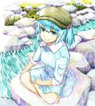  bad_id bad_pixiv_id barefoot blouse blue_eyes blue_hair colored_pencil_(medium) flower graphite_(medium) hair_bobbles hair_ornament hand_on_leg hat indian_style kawashiro_nitori long_sleeves looking_at_viewer pocket rock shiratama_(hockey) short_hair sitting skirt sleeves_rolled_up smile solo stream touhou traditional_media two_side_up 