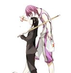  1girl anger_vein araki_masako bad_id bad_pixiv_id black_eyes black_hair eating food formal height_difference kuroko_no_basuke long_hair murasakibara_atsushi purple_eyes purple_hair shinai sportswear suit sword weapon yone_(kaguudou) 