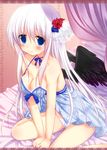  arm_support bad_id bad_pixiv_id black_wings blue_eyes blush breasts cleavage flower hair_flower hair_ornament inose_riku lace_border long_hair medium_breasts neck_ribbon nightgown on_bed original panties pantyshot pantyshot_(sitting) ribbon shiny shiny_skin silver_hair sitting smile solo strap_gap underwear v_arms white_panties wings 