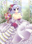  bad_id bad_pixiv_id bare_shoulders blue_hair blush bouquet breasts cleavage dress earrings elbow_gloves flower gloves hair_ornament henriette_mystere highres jewelry kouta. large_breasts long_skirt necklace open_mouth pearl petals purple_eyes rose short_hair skirt smile solo tantei_opera_milky_holmes wedding_dress 