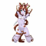  1girl animal_ears armpits arms_behind_head blue_eyes bra colored_skin flat_chest full_body highres holding holding_sword holding_weapon horse_ears horse_girl horse_tail kneeling long_hair maebari ofuda ofuda_on_pussy ponytail purple_skin shoes solo sword tail tokai_teio_(umamusume) umamusume underwear v-shaped_eyebrows very_long_hair weapon white_bra white_shoes yingjian 