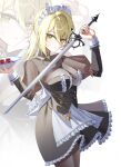  1girl absurdres black_dress blonde_hair breasts buttons commentary_request cross-laced_clothes cross-laced_dress double-breasted dress expressionless frilled_dress frills girls'_frontline girls'_frontline_2:_exilium green_eyes hair_between_eyes hands_up highres holding holding_sword holding_tray holding_weapon light_frown long_sleeves looking_at_viewer maid_headdress maru_(est3562) medium_breasts medium_hair pantyhose ponytail sextans_(girls'_frontline_2) solo sword tray weapon 
