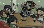  1other 2girls 5boys 8_humi :< :d ahoge ainz_ooal_gown belt black_hair black_jacket black_pants black_sclera black_shirt black_shoes blonde_hair blue_eyes blue_jacket brown_belt brown_hair capelet character_request check_character cid_kagenou cola collared_jacket collared_shirt colored_sclera commentary_request couch cup double-parted_bangs drinking food french_fries frown fur-trimmed_collar fur_trim glass green_capelet green_eyes green_jacket green_pants grey_eyes hair_between_eyes high_collar highres holding holding_cup holding_food holding_microphone holding_tambourine hooded_robe indoors instrument isekai_quartet iwatani_naofumi jacket juice kage_no_jitsuryokusha_ni_naritakute! karaoke kono_subarashii_sekai_ni_shukufuku_wo! kono_yuusha_ga_ore_tueee_kuse_ni_shinchou_sugiru long_hair long_sleeves looking_at_viewer messy_hair microphone midgar_academy_school_uniform military_uniform multicolored_jacket multiple_boys multiple_girls natsuki_subaru on_couch open_mouth orange_jacket overlord_(maruyama) pants partially_open_jacket purple_robe re:zero_kara_hajimeru_isekai_seikatsu red_eyes red_trim ristarte_(kono_yuusha_ga_ore_tueee_kuse_ni_shinchou_sugiru) robe ryuuguuin_seiya satou_kazuma school_uniform shirt shoes short_hair sitting skeleton smile table tambourine tanya_degurechaff tate_no_yuusha_no_nariagari v-shaped_eyebrows white_jacket white_shirt yellow_trim youjo_senki 