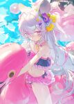  2girls absurdres angel_wings animal_ears azusa_(blue_archive) azusa_(swimsuit)_(blue_archive) ball beachball bead_necklace beads bikini bikini_skirt blue_archive bow_on_wing commentary crescent_halo feathered_wings flower food-themed_hair_ornament frills hair_ornament halo highres inflatable_flamingo inflatable_toy jewelry koharu_(blue_archive) koharu_(swimsuit)_(blue_archive) kokko_(kokko3045) long_hair looking_at_viewer multiple_girls necklace official_alternate_costume orange_hair_ornament pink_hair purple_flower revision ribbon-trimmed_bikini ribbon-trimmed_swimsuit ribbon_trim ruffle_bikini sitting solo_focus strapless strapless_bikini swimsuit untranslatable_commentary white_wings wings yellow_halo 
