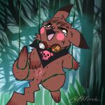  3_toes 4_fingers anus bdsm big_ears black_sclera blush bodily_fluids body_blush bondage bound brown_body brown_fur brown_hair clothed clothing eyewear feet female feral fingers forest forest_background fur generation_1_pokemon genital_fluids genitals goggles hair helpless kerchief looking_aside midair mostly_nude neckerchief neckwear nintendo open_mouth open_smile pantsless pantsless_female pikachu pkfreak plant pokemon pokemon_(species) restrained smile solo suspension suspension_bondage tail tears toes tree vaginal_fluids vine_bondage vines vulva vulva_blush 