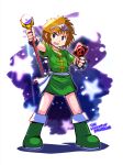  1boy aigiina_no_yogen black_eyes boots bracelet brown_hair circlet commentary_request copyright_name full_body green_boots green_tunic highres holding holding_staff jason_(aigiina_no_yogen) jewelry male_focus open_mouth sakurajyousui_nami sash short_hair short_sleeves solo spiked_bracelet spikes staff standing star_(symbol) tunic v-shaped_eyebrows white_sash 