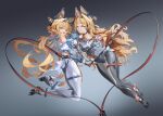  2girls absurdres animal_ear_headphones animal_ears belt cat_ear_headphones cat_ears clawed_boots commentary_request fake_animal_ears headphones heart heart_hands heart_hands_duo high_heels highres hornesix mecha_musume mecha_pilot_suit mechanical_ears mesugaki multiple_girls original puffy_sleeves simple_background thigh_belt thigh_strap 