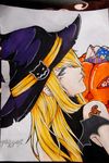  1girl bare_shoulders blonde_hair blue_eyes candy fur halloween hat highres legretta long_hair solo tales_of_(series) tales_of_the_abyss wings witch_hat 