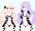  2girls arm_up black_bow blush bow breasts camilla_(fire_emblem_if) cleavage closed_mouth female_my_unit_(fire_emblem_if) fire_emblem fire_emblem_if hair_bow hair_over_one_eye hand_on_own_face large_breasts long_hair medium_breasts multiple_girls my_unit_(fire_emblem_if) navel nintendo plushcharm purple_eyes purple_hair red_eyes smile twitter_username white_hair 