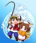  1boy 1girl animal_ears apron baseball_cap black_boots black_eyes black_shoes blue_hat blue_pants boots brown_hair closed_mouth commentary_request fang fishing_rod fox_ears fox_girl fox_tail hat highres holding holding_fishing_rod jacket japanese_clothes kawa_no_nushi_tsuri kimono kitsune kyuubi looking_at_another maid_headdress multiple_tails open_clothes open_jacket open_mouth orange_kimono pants pleated_skirt red_eyes red_jacket red_skirt sakurajyousui_nami senri_(kawa_no_nushi_tsuri) shirt shoes skirt smile tail white_apron white_shirt wide_sleeves 
