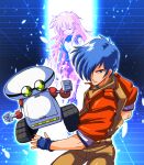  1boy 1girl blonde_hair blue_eyes blue_hair brown_pants cark_mcrae carry_(dead_zone) caterpillar_tracks closed_eyes commentary_request dead_zone elbow_gloves gloves hair_over_one_eye highres jacket long_hair looking_at_viewer mary_brandt non-humanoid_robot one_eye_covered open_mouth orange_jacket pants parted_lips pink_pants robot sakurajyousui_nami science_fiction shirt sleeveless sleeveless_shirt standing tile_floor tile_roof tiles white_gloves white_shirt 