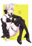  1girl absurdres ahoge arm_on_thigh arm_rest artoria_pendragon_(fate) bikini bikini_skirt black_bikini black_bow black_jacket black_ribbon black_shoes black_thighhighs blonde_hair border bow braid braided_base breasts bun_with_braided_base choker closed_mouth crossed_legs fate/grand_order fate_(series) frilled_bikini frilled_choker frilled_skirt frilled_thigh_strap frills from_side full_body hair_bow hair_bun high_heels highres jacket knees_up long_sleeves looking_at_viewer maid maid_bikini maid_headdress medium_breasts microskirt nanosuke_(nanonano9) neck_garter neck_ribbon open_clothes open_jacket plantar_flexion profile pumps ribbon saber_alter saber_alter_(swimsuit_rider)_(second_ascension) shaded_face shoes sidelocks sideways_glance simple_background single_bare_shoulder single_off_shoulder sitting skirt solo staring string_bikini swimsuit thigh_strap thighhighs twitter_username unconventional_maid white_border yellow_background yellow_eyes 
