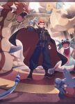  1boy alternate_color belt black_belt black_boots black_cape boots cape closed_mouth dragonair dragonite frown furrowed_brow gible gyarados highres jacket lance_(pokemon) long_sleeves looking_down male_focus mixed-language_commentary outstretched_arm pants pokemon pokemon_heartgold_and_soulsilver red_hair salamence shiny_pokemon short_hair standing thorn_(kmconceptart) 