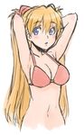  armpits arms_behind_head arms_up bad_id bad_pixiv_id bikini_top blue_eyes blush breasts cleavage ha-ru hair_ornament long_hair looking_at_viewer medium_breasts navel neon_genesis_evangelion open_mouth orange_hair simple_background solo souryuu_asuka_langley 