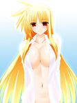  blonde_hair blush breasts cleavage dress_shirt engo_(aquawatery) fate_testarossa large_breasts long_hair lyrical_nanoha mahou_shoujo_lyrical_nanoha_strikers naked_shirt navel open_clothes open_shirt red_eyes shirt smile solo 