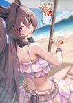  1girl absurdres animal_ears beach bikini blue_eyes blurry blurry_background blush bracelet bright_pupils brown_hair commentary_request floral_print floral_print_bikini frilled_bikini frills from_behind hair_between_eyes highres horse_ears horse_girl horse_tail jewelry long_hair looking_at_viewer looking_back multicolored_hair ocean official_alternate_costume open_mouth outdoors pink_bikini print_bikini renard_(pixiv_13710050) ruffle_bikini sitting smile solo streaked_hair swimsuit tail tail_through_clothes umamusume vivlos_(eclat_d'ete)_(umamusume) vivlos_(umamusume) white_streaks 