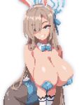  1girl animal_ears areola_slip asuna_(blue_archive) asuna_(bunny)_(blue_archive) blue_archive blue_bow blue_bowtie blue_eyes blue_halo blue_leotard bow bowtie breasts brown_hair commentary_request detached_collar fake_animal_ears gloves hair_over_one_eye halo large_breasts leotard long_hair moonfielddot official_alternate_costume pantyhose pixel_art playboy_bunny rabbit_ears smile solo strapless strapless_leotard white_background white_gloves 