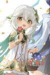  1boy 1girl 8bm9r armlet asymmetrical_sidelocks basket belt black_belt black_shorts bloomers blue_cape blue_flower blue_sleeves blunt_ends bracelet braid bright_pupils cape cat clenched_hand cross-shaped_pupils detached_sleeves dress eyelashes falling_petals fingernails flower furisode genshin_impact gold_armlet gold_bracelet gold_trim green_cape green_eyes green_hair green_sleeves hair_between_eyes hair_ornament half_crown_braid hands_up holding holding_basket holding_flower japanese_clothes jewelry kimono layered_sleeves leaf leaf_hair_ornament long_hair looking_at_viewer multicolored_hair nahida_(genshin_impact) open_mouth orange_petals petals pointy_ears purple_cape purple_cat purple_hair purple_sash red_flower sash scaramouche_(cat)_(genshin_impact) scaramouche_(genshin_impact) short_dress short_sleeves shorts side_ponytail sidelocks streaked_hair symbol-shaped_pupils tareme two-sided_cape two-sided_fabric wanderer_(genshin_impact) white_background white_bloomers white_dress white_hair white_kimono white_pupils white_sleeves yellow_petals 