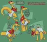  2026 abstract_background anthro biped blush bodily_fluids clothed clothing crackajackin dialogue diaper diaper_fetish digital_media_(artwork) dinosaur dinosaur_train embarrassed english_text genital_fluids green_background hi_res male masturbation mr._conductor pbs prehistoric_species red_clothing red_topwear red_vest reptile saurischian scalie sequence simple_background soiled_diaper solo speech_bubble text theropod topwear train_conductor troodon troodontid unclean_diaper urine url used_diaper vest wearing_diaper wet_diaper yellow_body 
