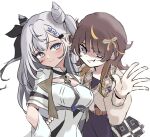  2girls anya_melfissa blonde_hair blue_eyes braid breasts brown_hair commentary_request cone_hair_bun gradient_hair grey_hair hair_bun highres hololive hololive_indonesia long_hair looking_at_viewer maaru_(jatjem1vy6nok0o) multicolored_hair multiple_girls open_mouth purple_eyes smile streaked_hair vestia_zeta virtual_youtuber 
