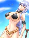  1girl artist_request bikini bikini_top black_bikini blue_sky bottomless breasts cloud highres hiro_(hankakudouga) large_breasts long_hair navel pussy red_eyes selvaria_bles senjou_no_valkyria senjou_no_valkyria_1 silver_hair sky solo swimsuit uncensored 