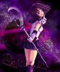  back_bow bishoujo_senshi_sailor_moon bob_cut boots bow circlet elbow_gloves from_behind gloves highres holding holding_spear holding_weapon index_finger_raised looking_back magical_girl object_namesake pleated_skirt polearm purple purple_eyes purple_footwear purple_hair purple_sailor_collar purple_skirt sailor_collar sailor_saturn sailor_senshi_uniform saturn silence_glaive skirt solo space spear taka_(tamtam_na) tomoe_hotaru weapon white_gloves 