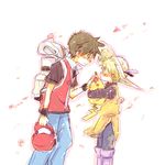  1girl backpack bag baseball_cap chuchu_(pokemon) flower gen_1_pokemon hair_flower hair_ornament hat petting pikachu pokemon pokemon_(creature) pokemon_special red_(pokemon) yellow_(pokemon) yuko_(pixiv271621) 