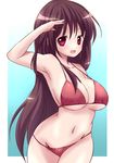  bikini black_hair long_hair matsumi_kuro navel nobutake_(nobu0) open_mouth red_eyes saki saki_achiga-hen salute smile solo swimsuit 