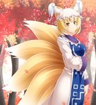  animal_ears bad_id bad_pixiv_id blonde_hair dress fox_ears fox_tail hat komimiyako short_hair smile solo tail touhou tree yakumo_ran yellow_eyes 