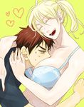  1girl alexandra_garcia blonde_hair bra breasts brown_hair closed_eyes green_background happy hug kagami_taiga kuroko_no_basuke large_breasts long_hair ponytail red_eyes roomoor simple_background smile sweatdrop underwear 