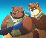  2019 anthro black_nose blue_eyes brown_eyes brown_fur canine clothing duo eyewear fur glasses humanoid_hands jumperbear male mammal overweight overweight_male pants shirt simple_background tanuki ursine weapon 