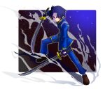  1boy black_gloves black_hair black_shoes blue_jacket blue_pants breath brown_eyes bushidou_blade commentary_request curtained_hair dual_wielding dust_cloud fingerless_gloves full_body gloves highres holding holding_sword holding_weapon jacket katana legs_apart looking_at_viewer male_focus multiple_swords pants parted_lips sakurajyousui_nami shoes short_hair solo standing star_(sky) sword takeshina_tatsumi weapon 