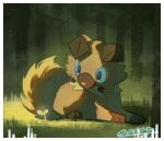  animal_focus artist_name blue_eyes dog e_eee_g grass highres looking_down lying no_humans outdoors pokemon pokemon_(creature) pokemon_focus rockruff solo 