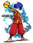  1boy belt_pouch blue_eyes blue_hair closed_mouth commentary_request copyright_name fishnet_top fishnets ganbare_goemon goemon hand_on_own_hip highres holding holding_smoking_pipe japanese_clothes kimono kiseru looking_at_viewer male_focus outstretched_arm oversized_object pants pouch red_kimono red_pants sakurajyousui_nami sandals sash short_hair short_kimono smile smoking_pipe socks solo tabi white_socks yellow_sandals yellow_sash 