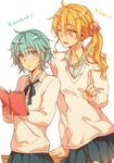  aqua_eyes aqua_hair blonde_hair book genderswap genderswap_(mtf) kise_ryouta kuroko_no_basuke kuroko_tetsuya long_hair multiple_girls one_eye_closed school_uniform short_hair side_ponytail sleepy69 yellow_eyes 