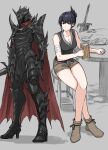  1girl absurdres armor bandaged_arm bandages beer_mug black_armor black_hair black_tunic boots breasts brown_shorts cape cleavage collarbone commentary_request crossed_legs cup fuku_(fuku12290574) full_armor high_heel_boots high_heels highres holding holding_cup holding_sword holding_weapon mug multiple_views on_stool original pauldrons ponytail red_cape red_eyes short_hair short_ponytail shorts shoulder_armor sidelocks simple_background sitting sleeveless solo spiked_armor spiked_gauntlets spiked_helmet spiked_pauldrons spikes stool sword tunic variations weapon 