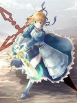  armor armored_dress artoria_pendragon_(all) bad_id bad_pixiv_id blonde_hair braid excalibur fate/zero fate_(series) french_braid gauntlets greaves green_eyes highres lunica saber short_hair smile solo sword weapon 