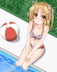  ball beachball bikini blush brown_eyes brown_hair chain-link_fence fence from_above long_hair looking_at_viewer madoushi_s navel nonohara_nagisa outdoors plaid plaid_bikini pool poolside sitting smile soaking_feet solo swimsuit twintails yandere_no_onna_no_ko_ni_shinu_hodo_aisarete_nemurenai_cd 