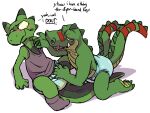  2021 2_tails anthro biped blush bodily_fluids cj_(crackajackin) claws clean_diaper clothed clothing crackajackin crocodile crocodilian dandy_(legendz) diaper digital_media_(artwork) duo embarrassed english_text facial_piercing feet genital_fluids green_body lizard male multi_tail multicolored_body nose_piercing nose_ring piercing red_body reptile ring_piercing scalie sharp_teeth simple_background spiked_tail spikes spikes_(anatomy) tail teeth text toes unclean_diaper urine used_diaper wearing_diaper wet_diaper white_background 